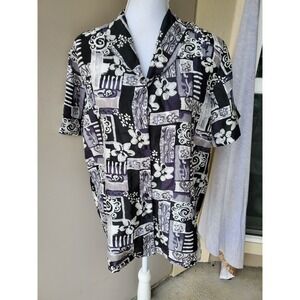 Stunt 100% Silk Button Up Shirt Womens Medium Black Abstract Floral Short Sleeve